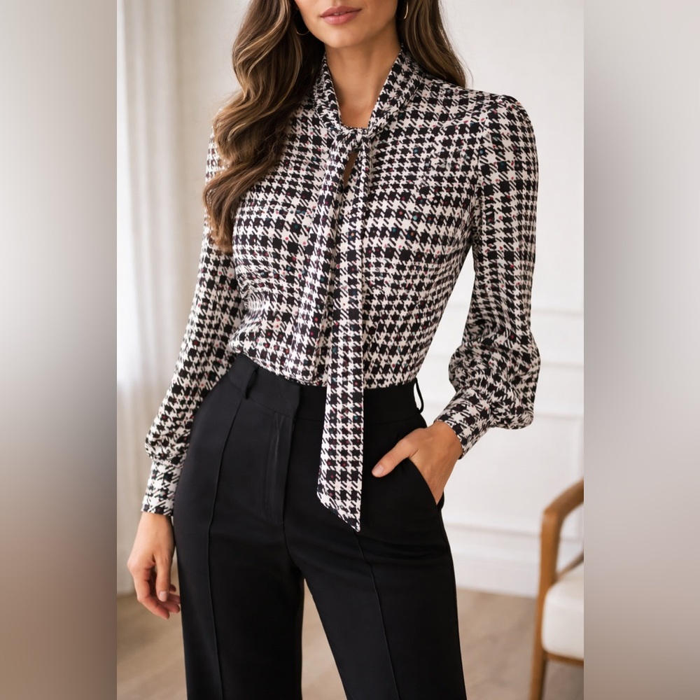 Joseph Ribkoff Printed Tie Neck Blouse Size 8 Black White Geometric Career Top
